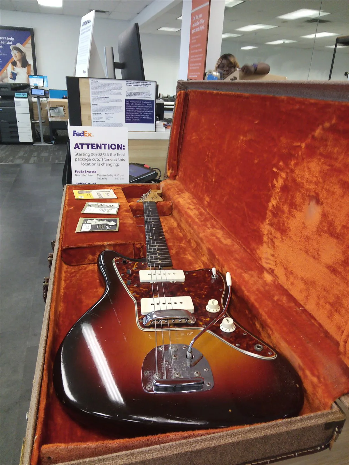 A 1962 Fender Jazzmaster Joe purchased resting in its open case on a FedEx counter