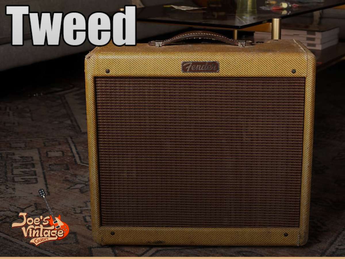 Vintage Fender amplifier with classic tweed covering, a signature look of Fender amps from the 1940s to 1950s