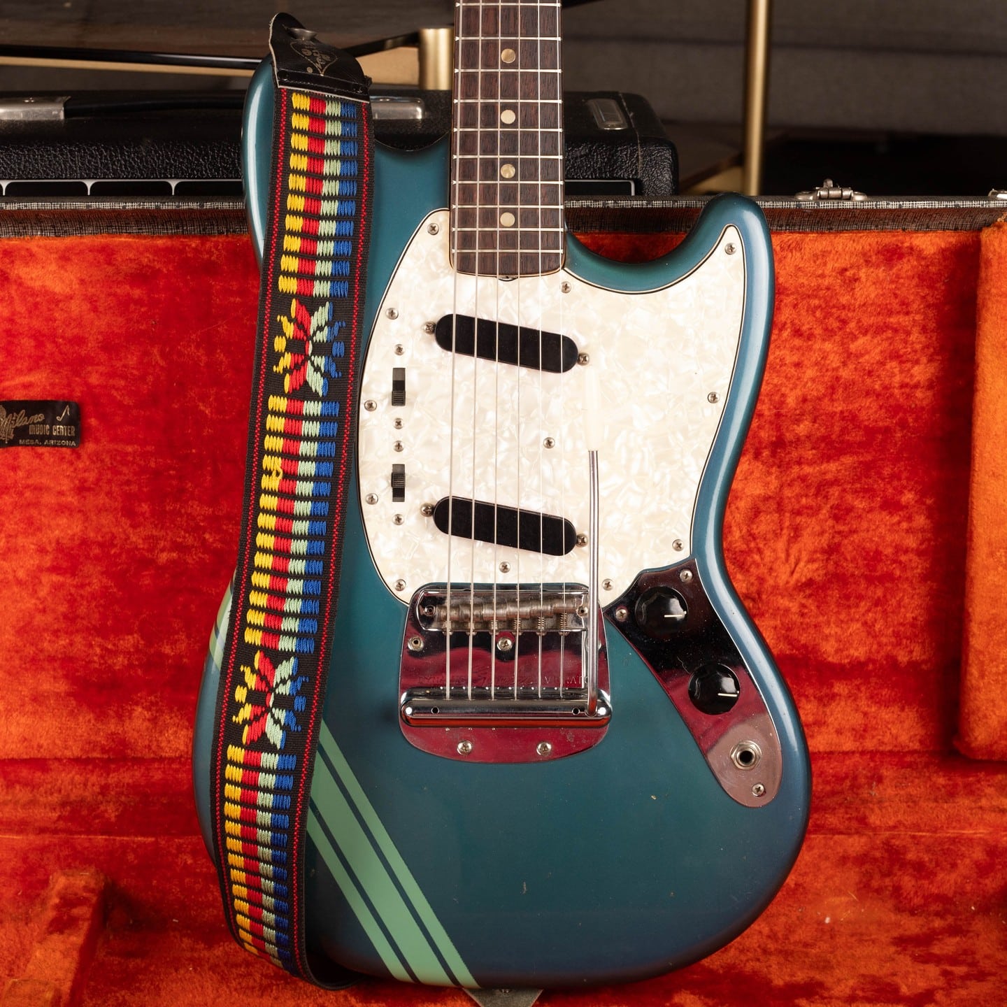 1972 Fender Mustang Competition Electric Guitar Blue with Green Stripe